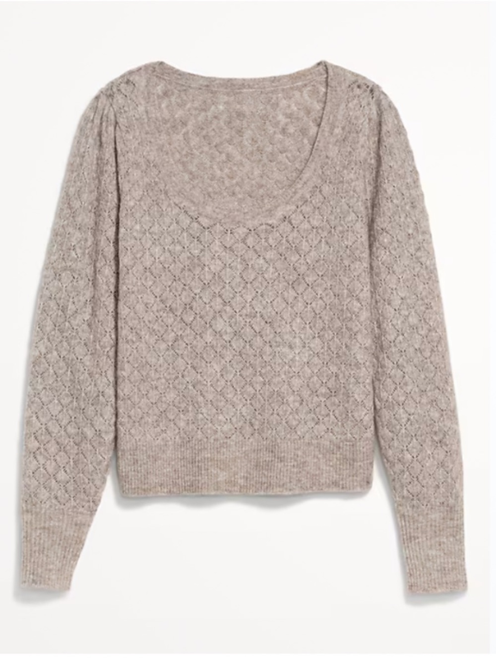 Old Navy Wool Blend Taupe Pointelle Open Knit Classic Scoop Neck Sweater M